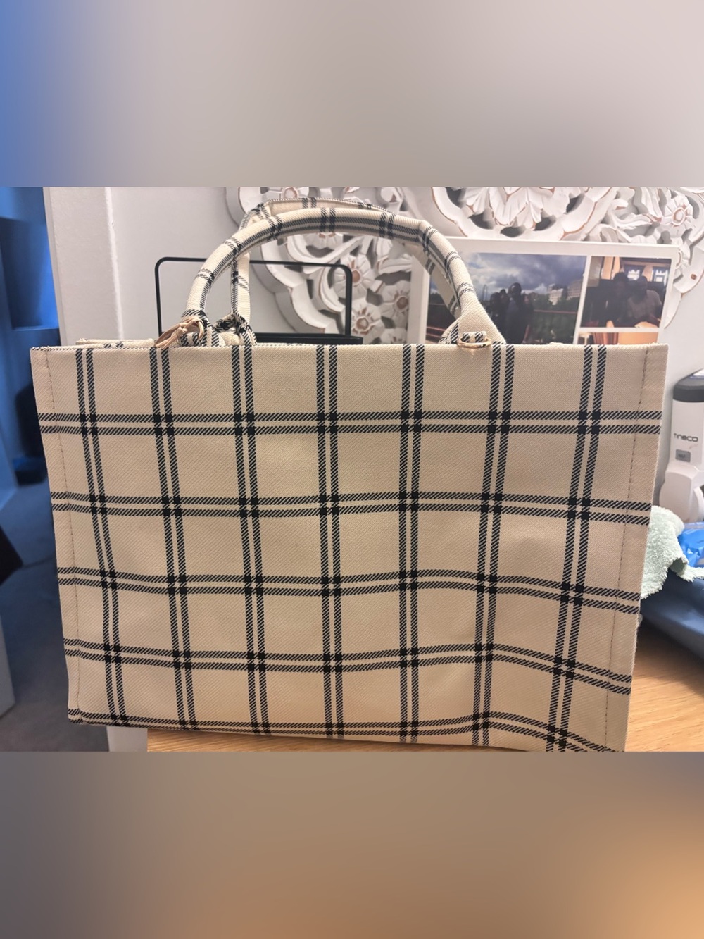 Classic Plaid Canvas Style Tote Bag in Cream and Black